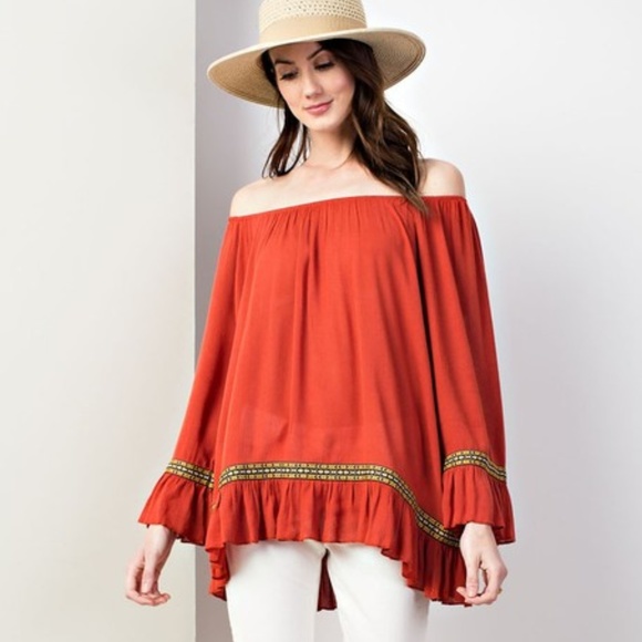 Pumpkin Orange Boho Bell Sleeve Tunic Top M NWT - Picture 1 of 5